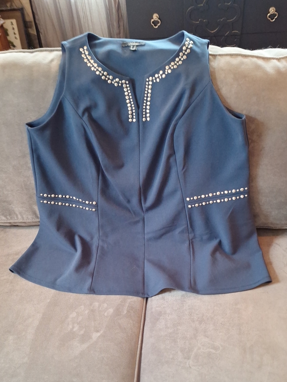 Dennis Basso Navy Sleeveless Studded Peplum Top 1X